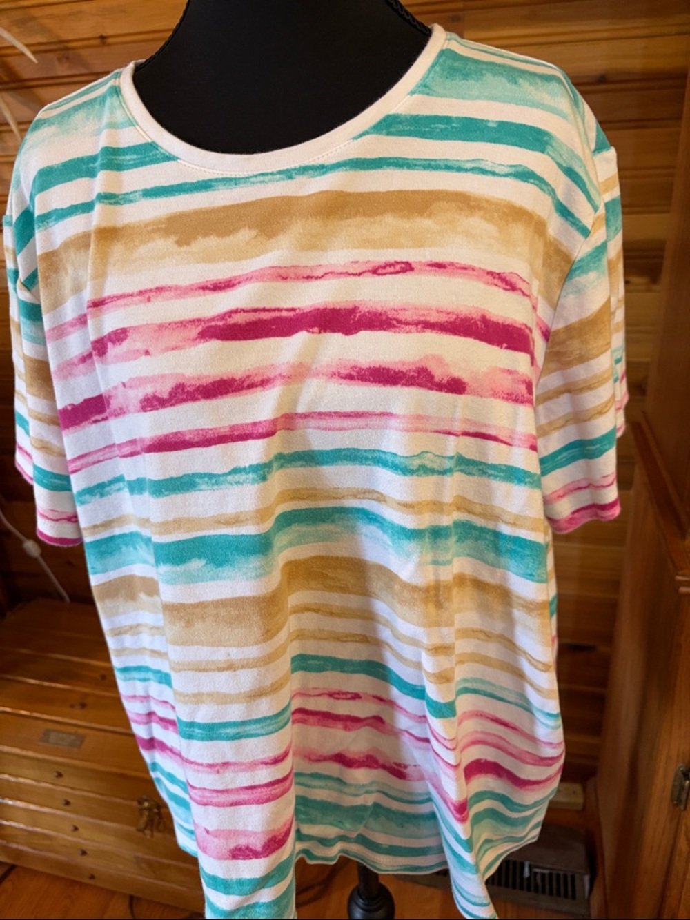 Kim Rogers Striped Short-Sleeve Tee in Teal, Pink & Tan - Picture 3 of 5